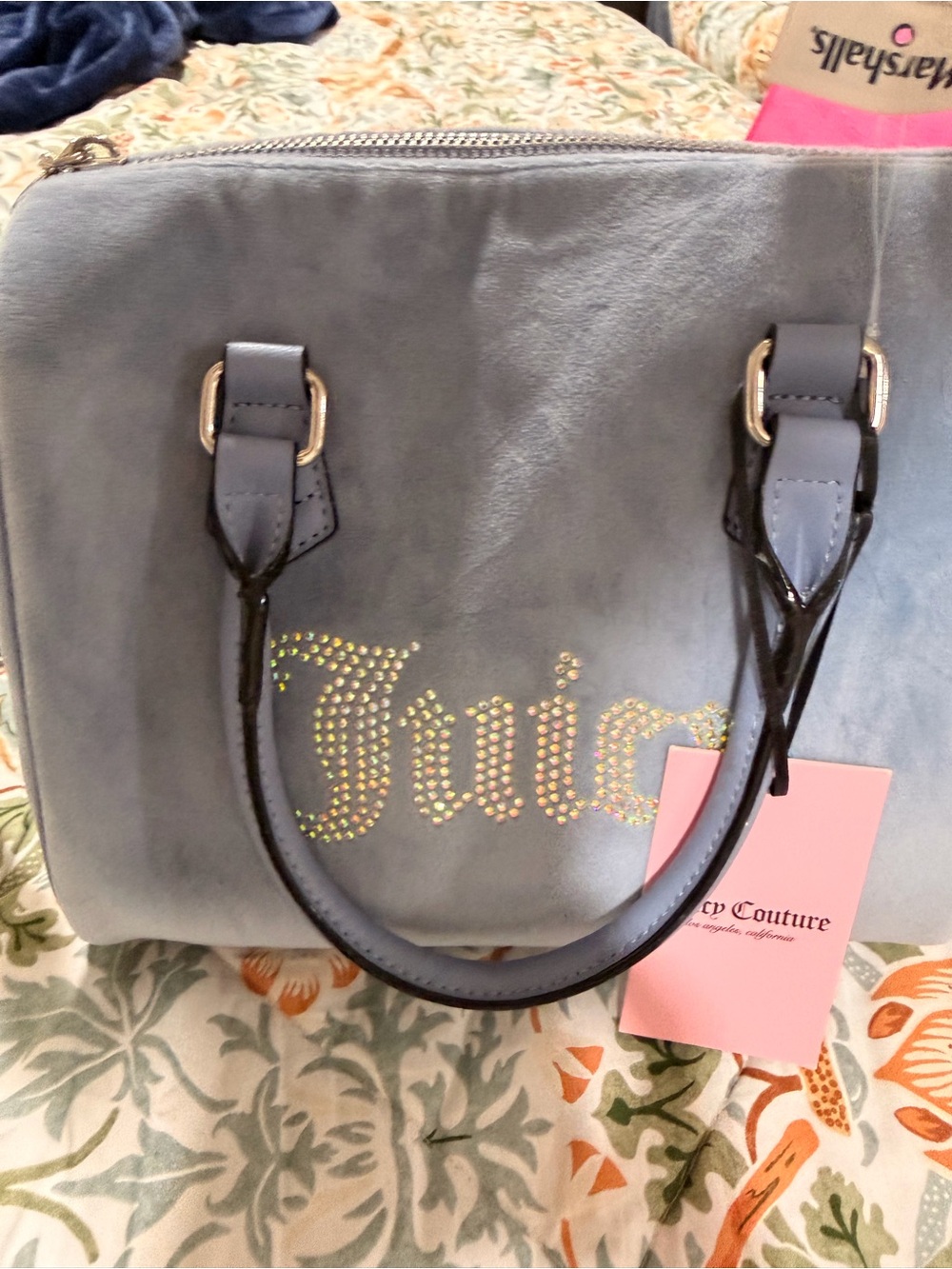 Juicy Couture Light Blue Suede Satchel with Crystal Logo new with tags